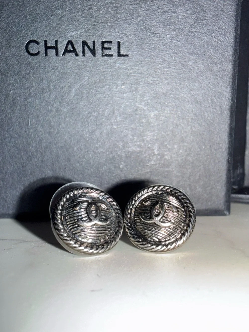 CHANEL Silver-Tone CC Button Earrings with Rope Edge